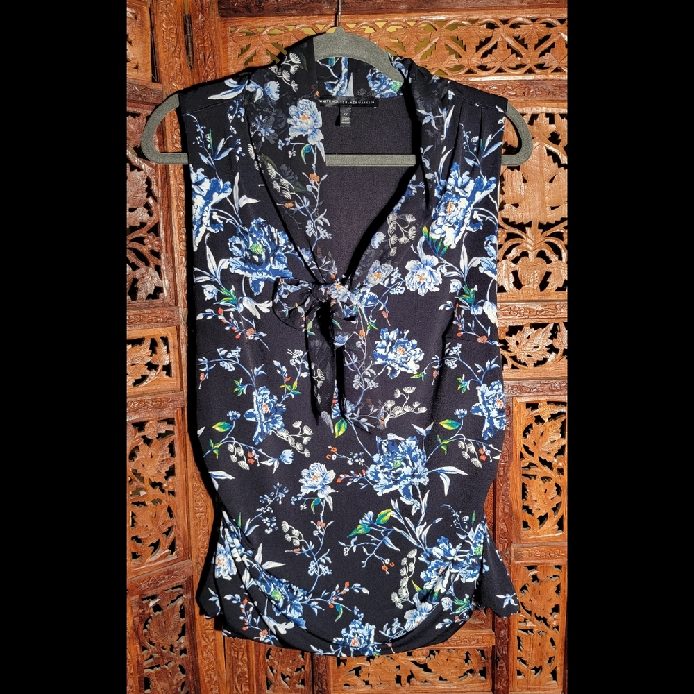 White House Black Market Black Floral Sleeveless Top with Tie Neck (fits like L)